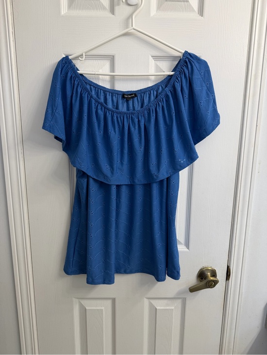 Time Square Tops - Women's Time Square Bright Blue Off-Shoulder Ruffle Tunic Top XL